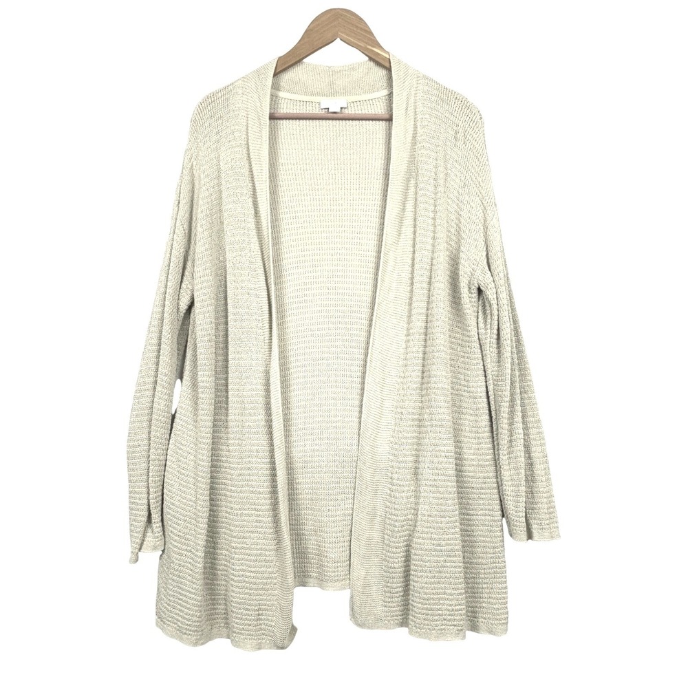 J. Jill Womens Linen Open Knit Cardigan Sweater Sz L Beige Beachy Coastal Open